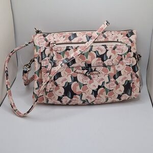 Pink floral bag shoulder crossbody wristlet multipocket purse vegan leather